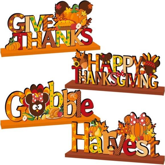 4Pcs Mouse Thanksgiving Table Decorations Wooden Centerpiece Cute Themed - Picture 1 of 8